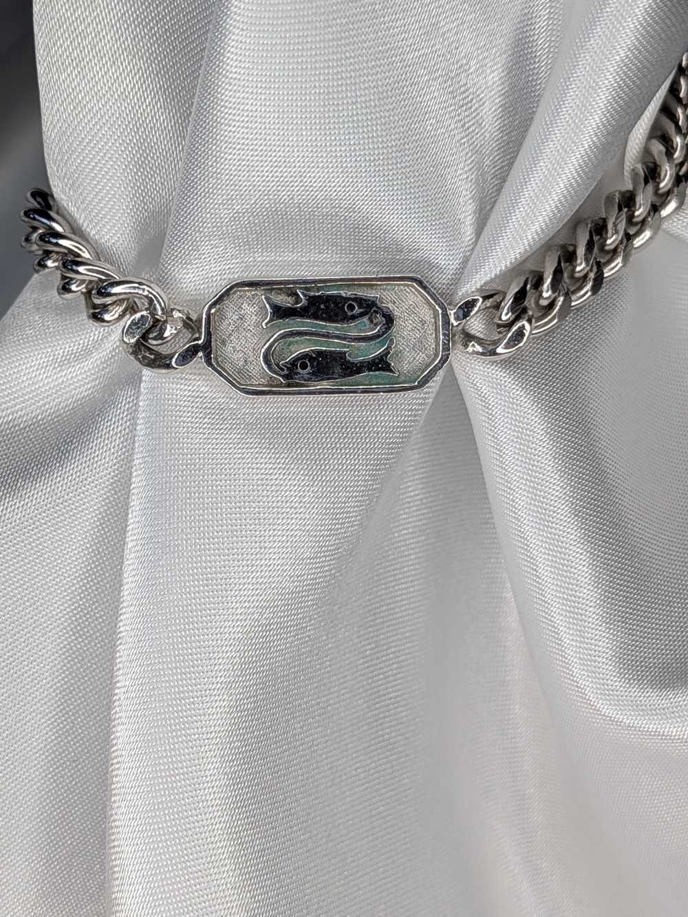 Trifari Silver-Tone Fish Motif Men's Bracelet with Subtle Green Enamel